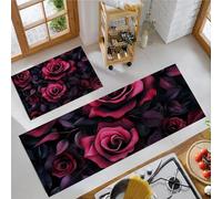 Rose Flower Kitchen Rugs Non Skid Washable Mats Set of 2 PCS, Gothic Love Absorbent Runner Rugs for Kitchen, Front of Sink,Sink Laundry, 50x80cm+50x150cm Deep Red