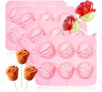 Rose Flower Lollipop Molds, 4 Pack Valentines Day Rose Silicone Chocolate Candy Molds with 30 Sticks 3D Flowers Cake Pops Mold Sucker Mold (Pink)