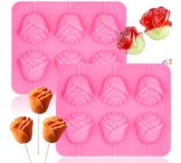 Rose Flower Lollipop Molds, 4 Pack Valentines Day Rose Silicone Chocolate Candy Molds with 30 Sticks 3D Flowers Cake Pops Mold Sucker Mold (Rose Pink)