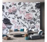 Rose Flower Photo Wallpaper for Bedroom, Black Pink Floral Butterfly Wall Mural for Living Room, Black Pink Wallpaper 150x105 Nonwoven Wall Paper Home Decor W&32