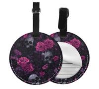 Rose Flower Skull Round Luggage Tag 4PCS Halloween PU Leather Travel Bag Tag ID Labels Name Card Holder wtih Buckle for Luggage Suitcase Backpacks