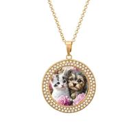 Rose Flower Sweet Love Puppy Kitten Multicolored Diamond Necklace Dainty Round Pendants Jewelry for Women Golden-style