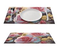 Rose Flower Wildflowers Placemats 6 PCS PVC Place Mats, Washable Heat Resistant Non-Slip Table Mats, Waterproof Placemats Set for Indoor & Outdoor Dining Table Kitchen Holiday Party