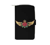 Rose Flower with Wings PU Leather Wallet Cloth with 12 Card Holder Handbag Long Clutch for Men Women