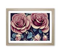 Rose Flowers Art Deco Vol.2 H1022 Framed Print for Living Room Bedroom Home Office Décor, Wall Art Picture Ready to Hang, Oak A4 Frame (34 x 25 cm)