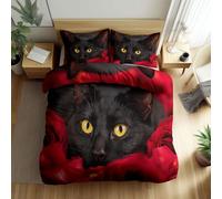 Rose Flowers Cat Animal Duvet Cover Set Super King Size, Soft Brushed Microfiber Reversible Red Bedding Set with Zipper Closure & 4 Corner Ties, Non-Iron Breathable Quilt Cover for All Seasons