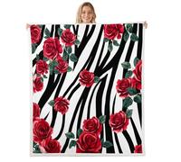 Rose Flowers Flannel Fleece Throw Blanket 60"x80" Black White Zebra Stripes Fuzzy Blanket for Sofa Couch Red Floral Rustic All Season Bed Blankets Plush Blankets,Black White Red