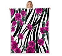 Rose Flowers Flannel Fleece Throw Blanket 60"x80" Black White Zebra Stripes Fuzzy Blanket for Sofa Couch Purple Floral Rustic All Season Bed Blankets Plush Blankets,Black White Purple