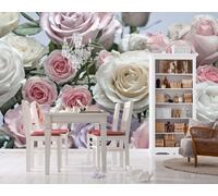 Rose Flowers Wall Mural Wallpaper 368x254cm Pink White Floral Living Room Decor