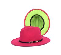 (Rose*fruit green) Black Reversible Colour Blocking Hat Women's Tweed Bowler Hat Flat Brim Men's Jazz Felt Hat