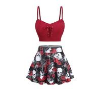 ROSE GAL Plus Size Womens Gothic Three Piece Bikini Set Swimsuits Padded Lace-up Cami Bikini Top & Full Coverage Briefs & High Waisted Skulls Skirt 3 Piece Bathing Suit Tummy Control(Red_1/3X)