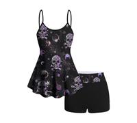 ROSE GAL Rosegal Women Plus Size Gothic 2Pcs Tummy Control Modest Tankini Swimsuit Skulls Print Two Piece Bathing Suits