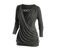 ROSE GAL Rosegal Womens Plus Size Wide Ribbed Keyhole Cutout Draped Ruched Surplice Wrap Long Sleeve Blouson Top, Deep Gray, 2X