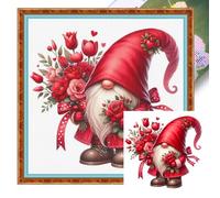 Rose Gnome Counted Cross Stitch Kit 18CT Aida 20x20cm, Valentines Flower Gnome Full Coverage Stamped Embroidery Kit for Adults Beginners, Small Red Rose Needlepoint Love Heart Home Decor Gift