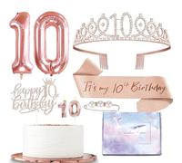 Rose Gold 10th Birthday Decorations for Girls: Sash, Tiara, Cake Topper, Foil Balloons & Party Favors