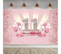 Rose Gold 11th Birthday Banner & Decoration - Girl's Party Banner, Fabric Sign Poster, Glitter Pink