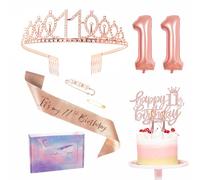 Rose Gold 11th Birthday Decorations for Girl - Sash, Tiara, Foil Balloon, Cake Topper, Candle