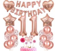 Rose Gold 11th Birthday Girl Decoration - Cake Decoration, Balloon, Gift for 11 Years Old Girl