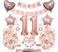 Rose Gold 11th Birthday Girl Decoration - Cake Topper, Balloon, Gift Set