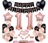 Rose Gold 11th Birthday Girl Decoration - Cake Topper, Balloons & Gift Set