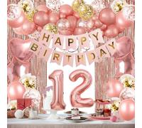 Rose Gold 12th Birthday decoration for Girls, Rose Gold 32 Inch Number 12 Foil Birthday Balloon Confetti Balloon with Happy Birthday Banner and Tassel Curtain for 12th Birthday Rose Gold