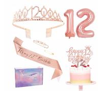 Rose Gold 12th Birthday Decorations for Girl - Sash, Tiara, Foil Balloon, Cake Topper, Candle