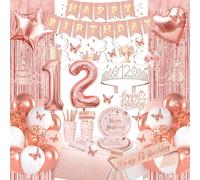 Rose Gold 12th Birthday Decorations, Happy 12th Birthday Decorations for Girls, Birthday Party Packs with Rose Gold Banner, Number 12 Balloons, Sash, Crown, Tablecloth, Dinnerware for 10 Guests