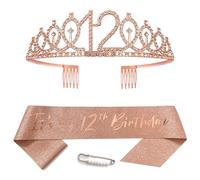 Rose Gold 12th Birthday Sash for Girls Birthday Princess Crown Queen Tiara Rhinestone Birthday Headbands Birthday Girl Sash Happy Birthday Decorations for Girls 12 Year Old Birthday Party Supplies