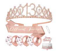 Rose Gold 13th Birthday Decoration Set for Women and Girls, Happy 13-Year Party Bag with Bling Sash, Rhinestone Crown, Confetti Balloon, Cake Candle, Gift Bag, Party Supplies, Birthday Decoration Gift