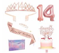 Rose Gold 14th Birthday Decorations: Girl's Sash Tiara Set, Party Pack Sash Crown, Number 14 Foil Balloon, Cake Topper Candle