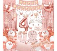 Rose Gold 14th Birthday Decorations, Happy 14th Birthday Decorations for Girls, Birthday Party Packs with Rose Gold Banner, Number 14 Balloons, Sash, Crown, Tablecloth, Dinnerware for 10 Guests