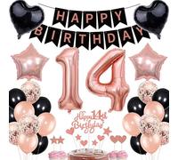 Rose Gold 14th Birthday Girl Decoration - Cake Topper, Balloon, Gift Set