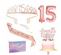 Rose Gold 15th Birthday Decorations - Girl's 15th Birthday Sash Tiara Set, Party Pack Sash Crown, Number 15 Foil Balloon, Cake Topper Candle, Gifts for Girl