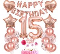 Rose Gold 15th Birthday Girl Decoration - Cake Topper, Balloon, Gift Set