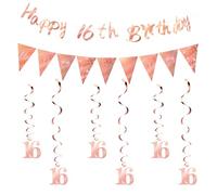 Rose Gold 16th Birthday Decorations for Girls, Happy 16th Birthday Banner Triangle Flag Bunting Swirls Sweet 16 Banners Fabulous Party Backdrop Sweet16 Decorations for Girls Cheers