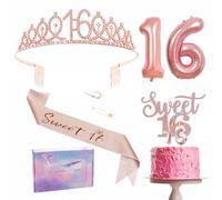 Rose Gold 16th Birthday Decorations - Girl's Sash, Tiara, Cake Topper, Balloons, Candles & Gifts