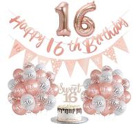 Rose Gold 16th Birthday Decorations Set - 24pc Confetti Balloons, Banner, Foil Balloons, Cake Topper for Girls' 16th Birthday Party