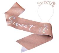 Rose Gold 16th Happy Birthday Queen Crown Sash Headband with Safety Pin, Sweet 16 Birthday Party Decorations for Girls, Sweet Rhinestone Tiara Crown Party Supplies and Favors, Girls Sixteen Gifts