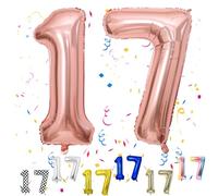 Rose Gold 17 Balloons, 40in Self Inflating Foil Balloons for 17th Birthday & Anniversary Parties