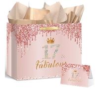 Rose Gold 17 & Fabulous 17th Birthday Gift Bag for Girls Large Pink Happy 17th Birthday Gift Bag with Birthday Wrapping Paper and Card for 17th Birthday Decorations Party Supplies