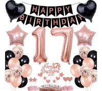 Rose Gold 17th Birthday Decoration - Girl's Birthday Gift with Balloons and Cake Topper