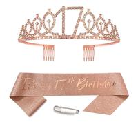 Rose Gold 17th Birthday Sash for Girls Birthday Princess Crown Queen Tiara Rhinestone Birthday Headbands Birthday Girl Sash Happy Birthday Decorations for Girls 17 Year Old Birthday Party Supplies