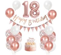 Rose Gold 18th Birthday Decorations Set With Large Number Foil Balloons, Banner & Cake Topper - Elegant Metallic Glitter Set For 18th Birthday Celebrations and Decor