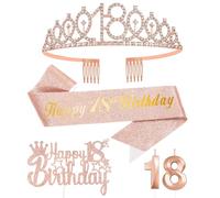 Rose Gold 18th Birthday Party Supplies Set -Rose GoldCake Topper, Tiara Crown, Sash & Rosegold Candle for Girls Women Party Decorations Idea