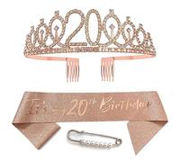 Rose Gold 20th Birthday Tiara Sash for Girls Princess Crown Crystal Queen Tiara Birthday Headbands Happy Birthday Decorations Birthday Sash Tiara Kit Girl Birthday Clothing Accessories Party Supplies