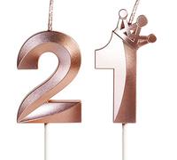 Rose Gold 21st 12th Birthday Candles with Crown, 3D Number 21 Candle, 12th 21st Birthday Candle for Cake, Happy Birthday Candle, Cake Candles Cake Topper Decorations for Women Girls Birthday Party