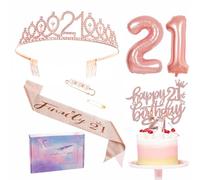 Rose Gold 21st Birthday Decorations for Her - Sash, Tiara, Crown, Cake Topper, Balloons, Candles