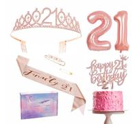 Rose Gold 21st Birthday Decorations for Her - Sash, Tiara Set, Crown, Cake Topper, Number 21 Foil Balloons, Candles - Party Supplies and Gifts for Girls