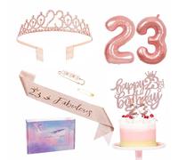 Rose Gold 23rd Birthday Sash Tiara Set for Her - Party Pack with Crown, Cake Topper, Foil Balloons, Candles - Decorations and Gifts