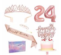 Rose Gold 24th Birthday Decorations - Sash, Tiara, Foil Balloons, Cake Topper, Candle & More